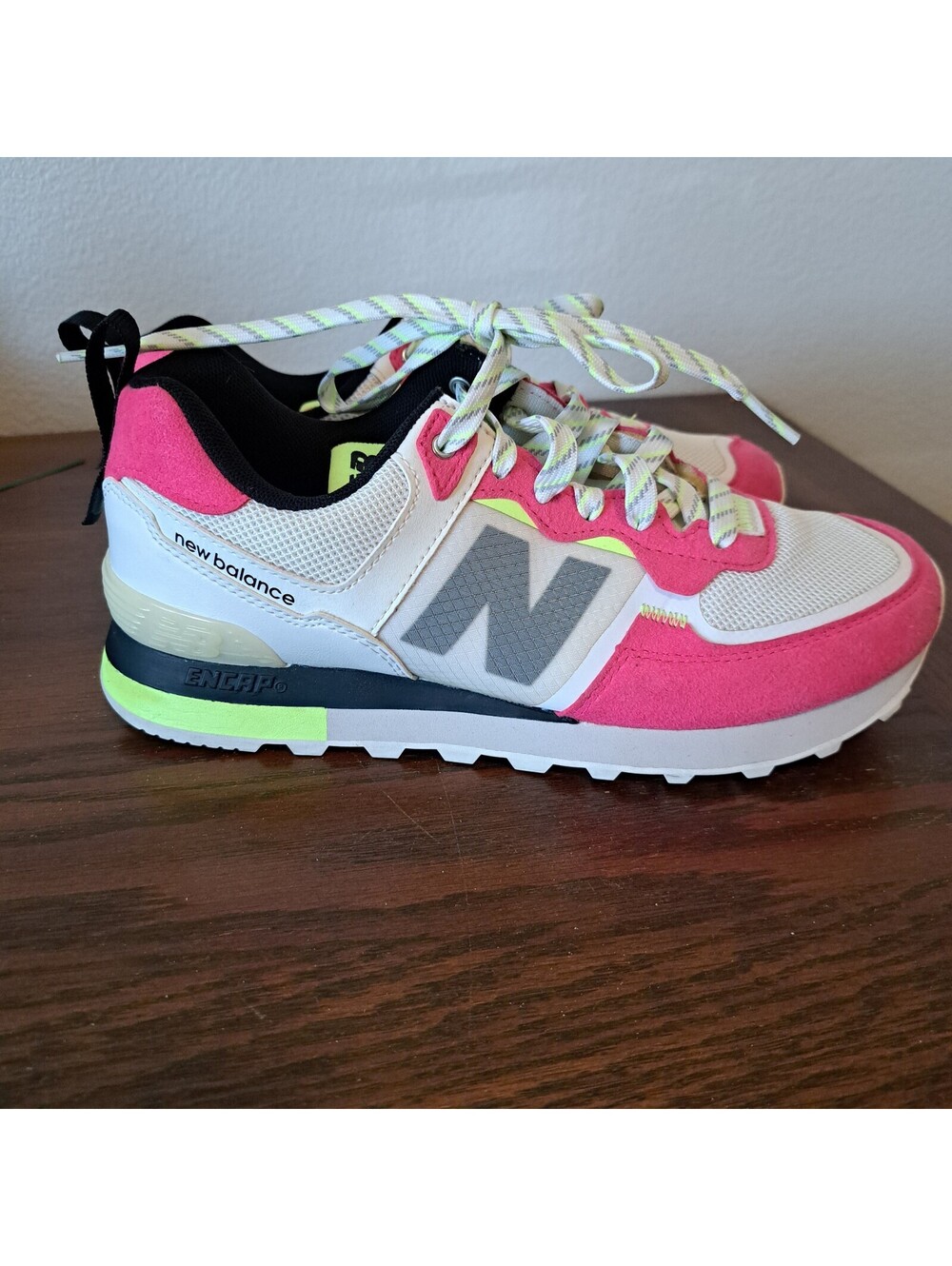New Balance 574 Retro Pink Neon White Athletic Sneakers Comfortable